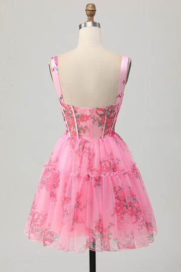 Corset Pink Flower A Line Homecoming Dress